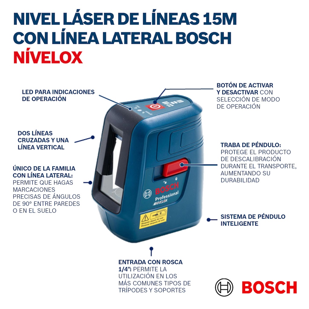 Nivel Láser de líneas 15 m con línea lateral Bosch Nivelox