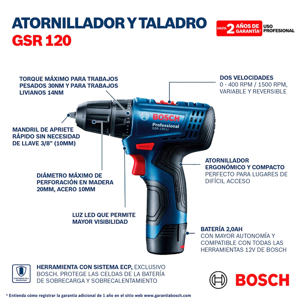 Taladro Atornillador Inalámbrico Bosch 12V GSR 120-LI con 1 Batería