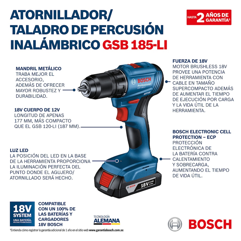 Taladro percutor 1/2" Bosch GSB 185-LI 18V 1 batería y maletín