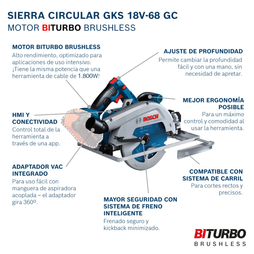 Sierra Circular Bosch GKS 18V-68 GC 1800W 18V SB con disco