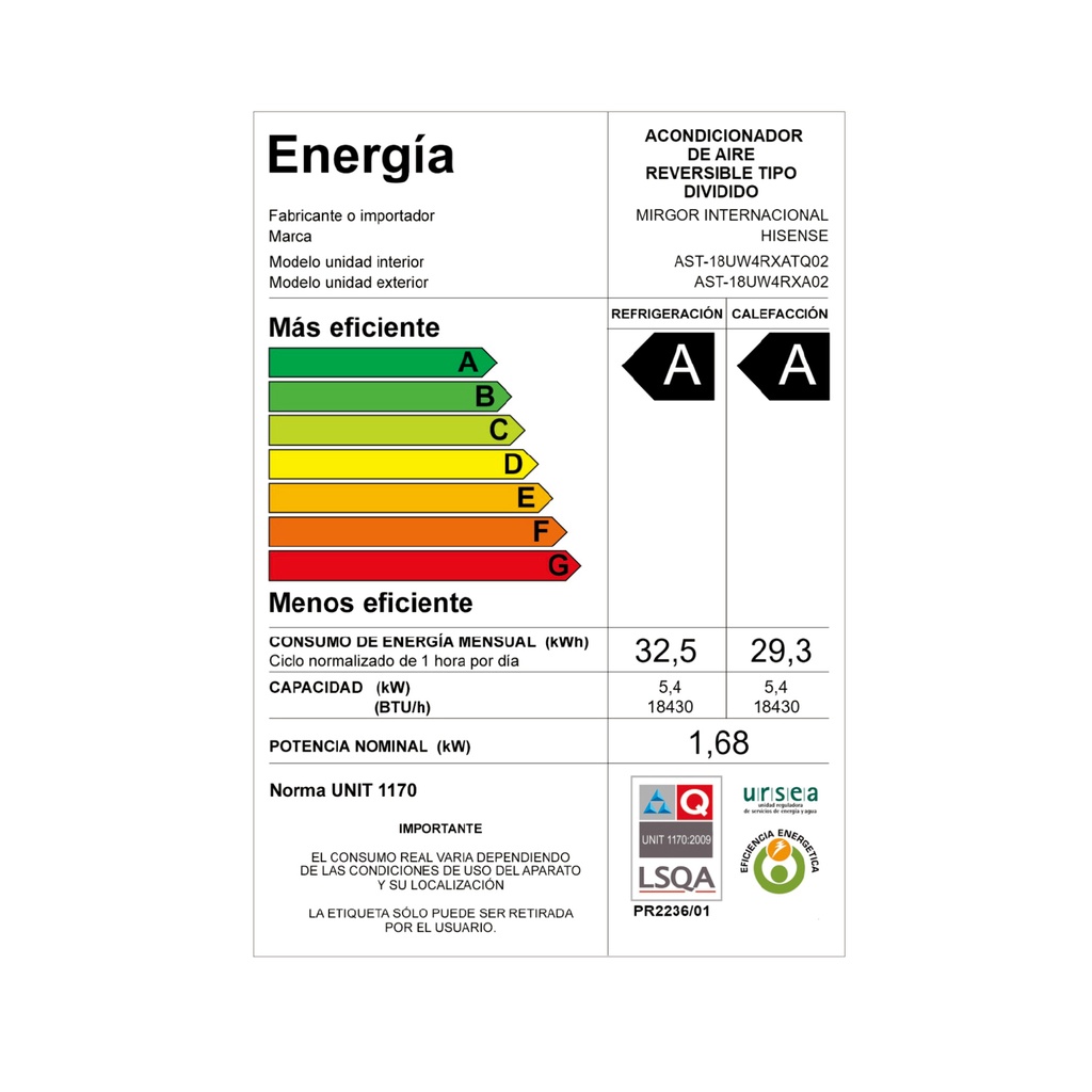 Aire Acondicionado Hisense Inverter 18.000 BTU