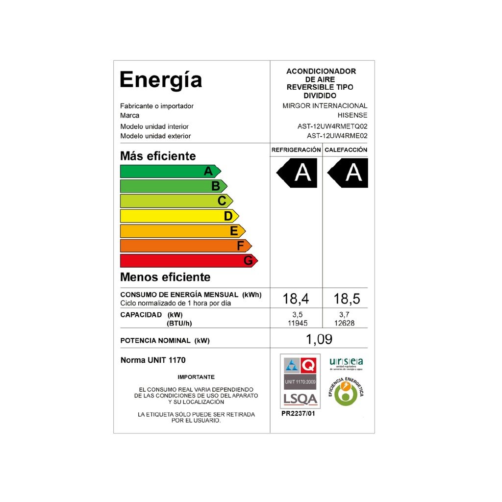 Aire Acondicionado Hisense Inverter 12.000 BTU